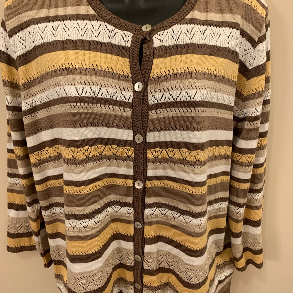 Alfred Dunner cardigan.  Brown/tan/cream/mustard stripes.  Size L.